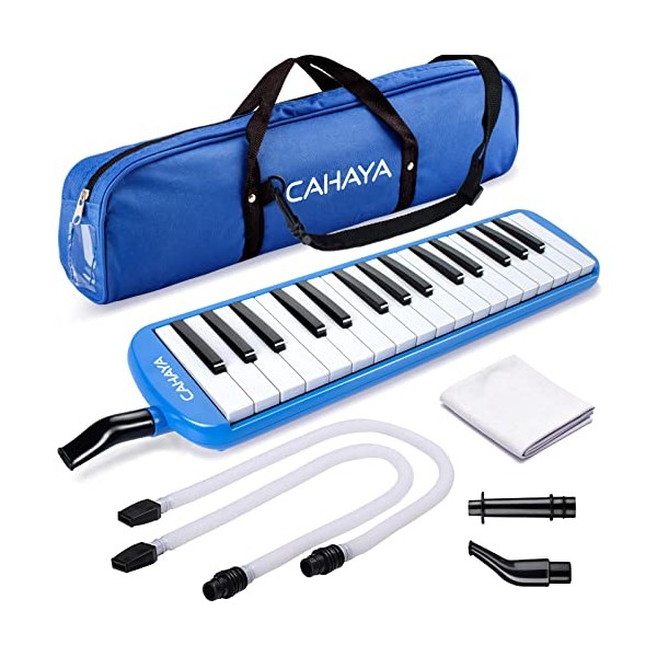 CAHAYA Melodica 32 Key FDA Approved Piano Style Portable with Double Plastic Flexible Long Pipe, Short Mouthpieces and Carrying Bag Blue, CY0050-2