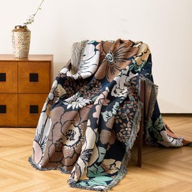 VANJOROY Boho Throw Blanket, 100% Handwoven Cotton Southwestern Farmhouse Floral Decor Reversible Blanket, All Season Throw for Sofa Bed Tapestry Outdoor Camping Picnic. 71″×91″