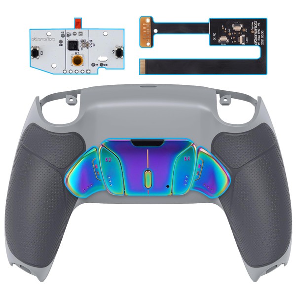 eXtremeRate Rainbow Aura Blue Purple Real Metal Buttons RMB RISE4 Remap Kit for PS5 Controller BDM-010 020, Gray Rubberized Grip New Hope Gray Back Shell, Upgrade Board Back Buttons for PS5 Controller