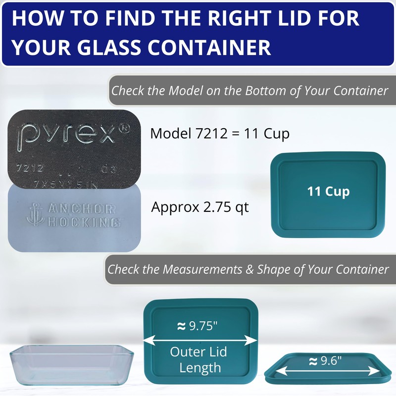 11 Cup/2.6 L Turquoise Replacement Lids/Covers for Pyrex 7212-PC, 11