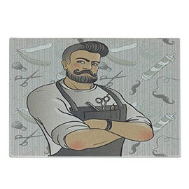 Ambesonne Hipster Cutting Board, Muscular Barber Man with Hipster Hairstyle and Mustache on Graphic Shaving Elements, Decorative Tempered Glass Cutting and Serving Board, Small Size, Multicolor