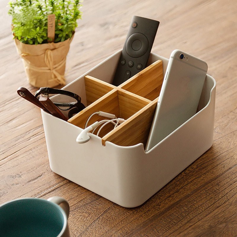 VICDUEKG Desk Organiser, 5 Compartments Bamboo Office Organiser with Pen