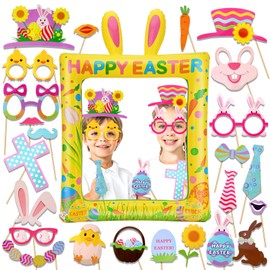 HOWAF Easter Decorations, 24pcs Easter Photo Booth Props and Happy Easter Inflatable Selfie Frame Photo Booth Frame for Easter Party Decorations Supplies