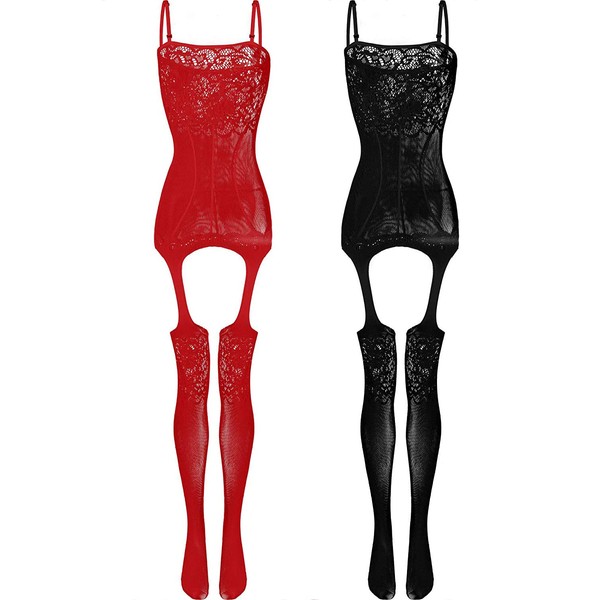 Lovelybobo - Women's Underwear - Mesh Bodystocking / Jumpsuit / Bodysuit for Women - Sleepwear / Lingerie - Pack of 2 Black + red