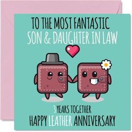 Cute Leather Anniversary Card for Son & Daughter In Law - 3 Years Together - Happy 3rd Wedding Anniversary Cards for Daughter In Law Son, 5.7 x 5.7 Inch Greeting Cards for Third Anniversaries