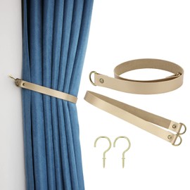 Leather Curtain Tiebacks Vintage Style Curtain Tie Backs Leather Curtain Rod Holder Curtain Buckle for Home Offic Living Room Bedroom 2 Pcs (Gold, Narrow)