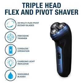 Carmen C81137 Men’s Signature Triple Head Flex and Pivot Shaver with Precision Beard Trimmer, Cordless Operation and Double Floating Shaving System, Midnight Blue