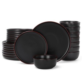 Famiware Mercury 24 Pieces Dinnerware Sets, Plates and Bowls Sets for 8, Microwave and Dishwasher Safe Dish Set, Matte Black