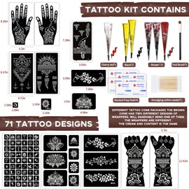 Temporary Tattoo Stencil Kit 10 Sheets, 6 Pcs Tattoo Cones 3 Color (Black/Brown/Cherry Red) with Brush/cotton swabsTool, India Art Skin Painting Designs for Women Men Kids DIY Gifts