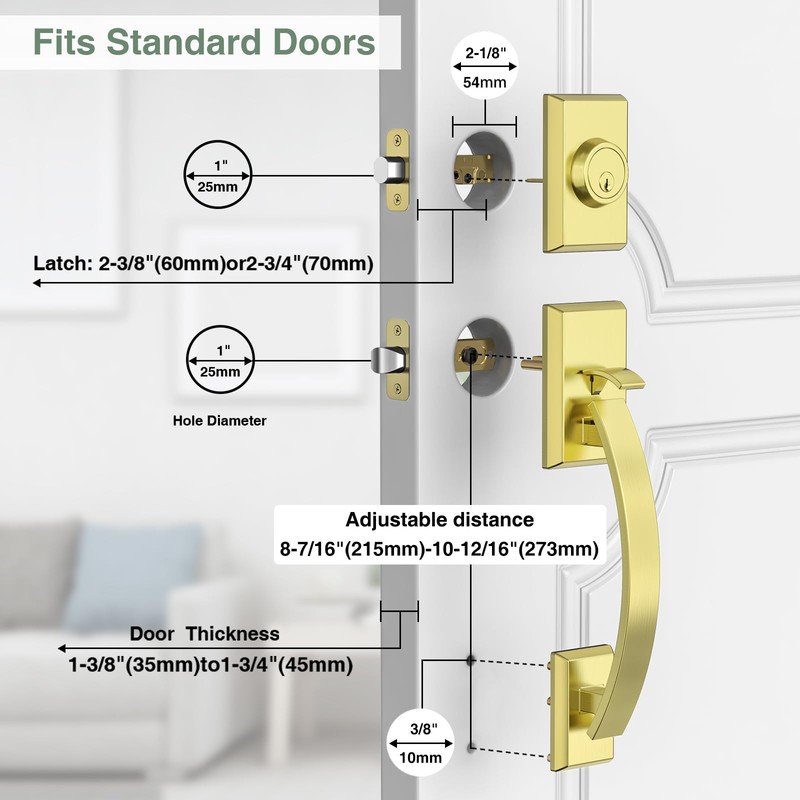 Floresita Front Door Lock Set, Gold Front Door Handle and