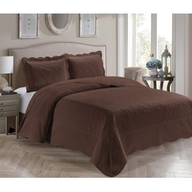 Better Home Style 3 Piece Luxury Ultrasonic Embossed Solid Quilt Coverlet Bedspread Oversized Bed Cover Set # Veronica (Full/Queen, Coffee/Brown)