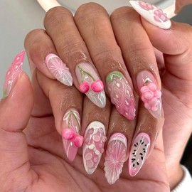 24Pcs 3D Fruit Press on Nails Almond Medium Fake Nails with Cherry Strawberry Grapes Orange Bow Designs Glossy Glue on Nails Pink False Nails Artificial Stick on Nails for Women Girls