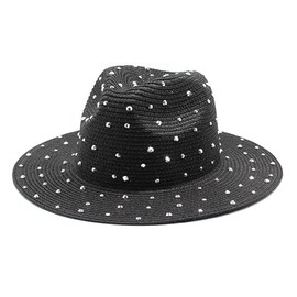 Lisianthus Womens Shiny Wide Brim Straw Panama Hat Fedora Summer Beach Sun Hat Black