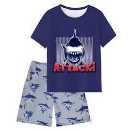 PASHOP Boys Summer Pajamas Short Sleeve Pajamas Shorts Set 2 Piece Shark Summer Kids Pjs Sleepwear Sets Boys Pjs Size 14