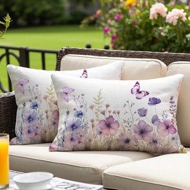 Vorysum Set of 2 Outdoor Cushion Covers, 30 x 50 cm, Purple Flowers, Decorative Cushion, Weatherproof Cushion, Summer Modern Cushion Covers for Garden, Sofa, Couch, Living Room, Bedroom, Double-Sided