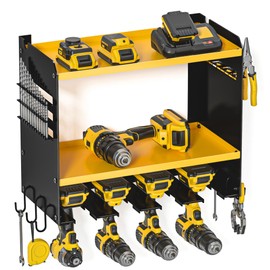 Spampur Power Tool Organizer Wall Mount, 15 Min Fast Assembly & Maximum 100lb load by Heavy Duty Metal, 4 Slots for Cordless Drill, Garage Storage Shelf with Hooks, Father/Men/Husband Birthday Gift