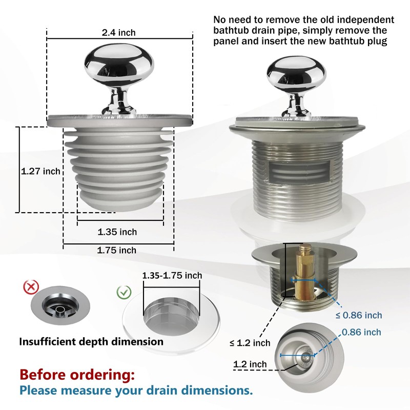 Bathtub Drain Stopper, Bathtub Plug, Tub Stopper, Suitable for Replacing