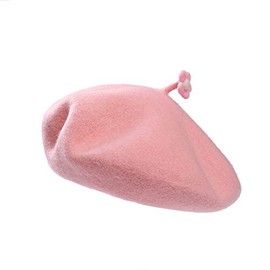 Zasy Plain Beret Hat Classic Wool Felt Flower Cap Casual French Beanie, rose