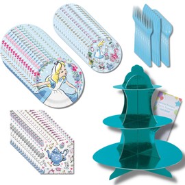 Alice in Wonderland Plates Appetizer & Dinner Napkins Disposable Forks Spoons Knives Cupcake Stand for 24 Cupcakes Onederland 1st Birthday Girl Party Decorations & Supplies Serves 16