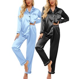 Ekouaer 2 Pack Satin Pajamas Set for Women Classic Button Down Silk Pjs Set Soft Sleepwear,Black/Clear Blue,XX-Large