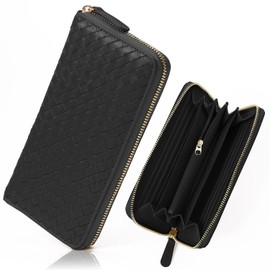GROOVE GEAR ggs-1071 Braided Long Wallet, Soft Leather, Sheepskin, Men's, Women's, Financial Luck, Black