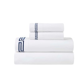Superior Embroidered Cotton Bed Sheet Set, 1 Elastic Deep Pocket Fitted Sheet, 1 Flat Sheet, 2 Pillowcases, Daily Soft Sheets, Greek Key Design, Harrison Collection, California King, White/Navy Blue