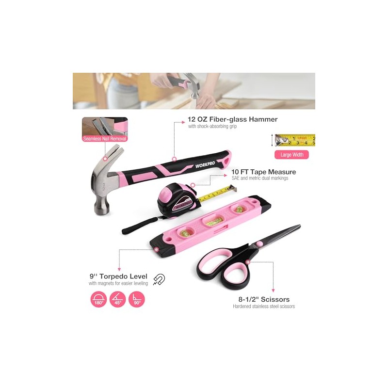 WORKPRO Pink Tool Set, 258 PCS Tool Kit for Women,