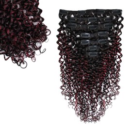 Extensiones de cabello humano brasileño Remy 100% con clip, 3C, 4A, rizos rizados, invisibles y respetuosas con el cuero cabelludo, color burdeos, 3,52 oz, 7 unidades (16 pulgadas)