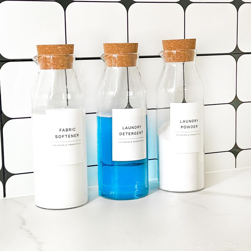 Glass Laundry Detergent Dispenser Set with Cork Lids, Fabric Softener
