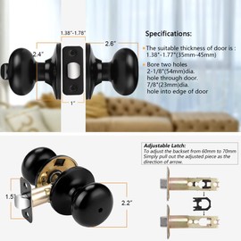 Probrico Black Door Knob No Key Round Ball Privacy Door Knob Interior/Exterior Door Knob 1 Pack Bedroom Bathroom Door Handle Locking Door Knob Without Key