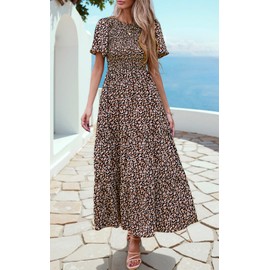 PRETTYGARDEN Flutter Sleeve Floral Spring Dresses for Women 2025 Casual Crewneck Smocked Top Flowy Tiered Maxi Dress (Black Leopard, Large)