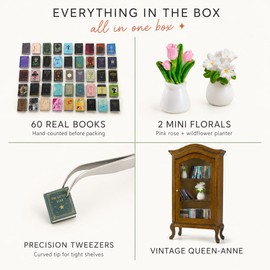 AceList Anxiety Bookshelf Mini with 2 Floral Pots & 60 Books, Vintage Style