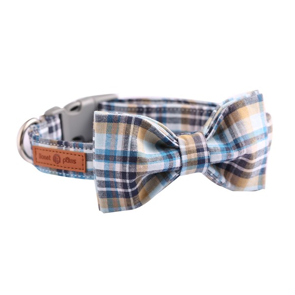 Lionet Paws Cat and Dog Collar with Bowtie,LightBlue Plaid Cotton