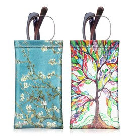 [2 Pack] Fintie Eyeglasses Pouch with Cleaning Cloth, Portable Squeeze Top Leather Glasses Case Sunglasses Bag, Love Tree + Blossom
