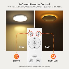Matane LED Ceiling Light Dimmable with Remote Control, 18 W Diameter 22 cm Ceiling Light with 5 W Night Light Warm Lamps, 3000 K - 6500 K Dimmable Flat Panel for Bedroom, Children's Room, Bathroom, Hallway, Round, White
