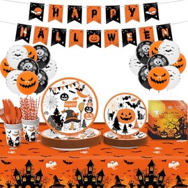 Juego de papel desechable, decoración de fiesta de Halloween, suministros de fiesta temática de calabaza, Halloween, incluye platos, mantel, pancarta,