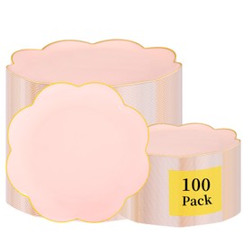 LIYH 100 Pcs Pink Scalloped Plastic Plates with Gold Edge - Pink Gold Disposable Combo Plates Includes Dessert Plate & Dinner Plate Tableware Dishes for Birthday Party Baby Shower