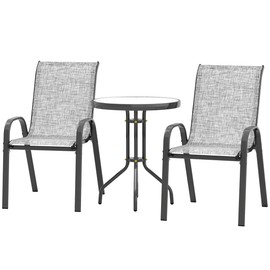 amopacorp Products 3-Piece Patio Bistro Dining Furniture Set w/Tempered Glass Tabletop, 2 Breathable Mesh Chairs, Steel Frame- Gray, Black