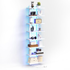 TRIFEBLE 8 Tier Wall Shelf Unit with LED Light, White Floating Shelf, Vertical Display Shelf, Wall Decor for Bedroom, Living Room, Vanity, 15" W x 5.9" D x 58.3" H