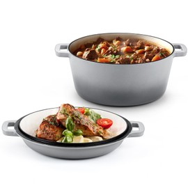 2 in 1 Enameled Cast Iron Dutch Oven, HaSteeL 5 QT Pot & 2 Quart Skillet Lid Pan, Non-Stick Cookware Multi Cooker for Bread Baking Cooking Stewing, Suit for All Cooktops, Dual Handles & Oven Safe,