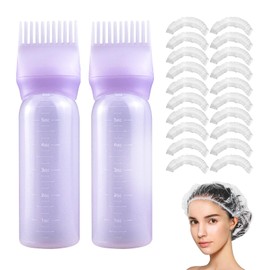 Root Comb Applicator Bottle, 6 Ounce, Hair Oil Applicator, Oil Applicator for Hair Dye, Oil Bottles for Hair, Hair Oiling Applicator with Graduated Scale (2 Pack+20 PCS Disposable Shower Caps, Purple)