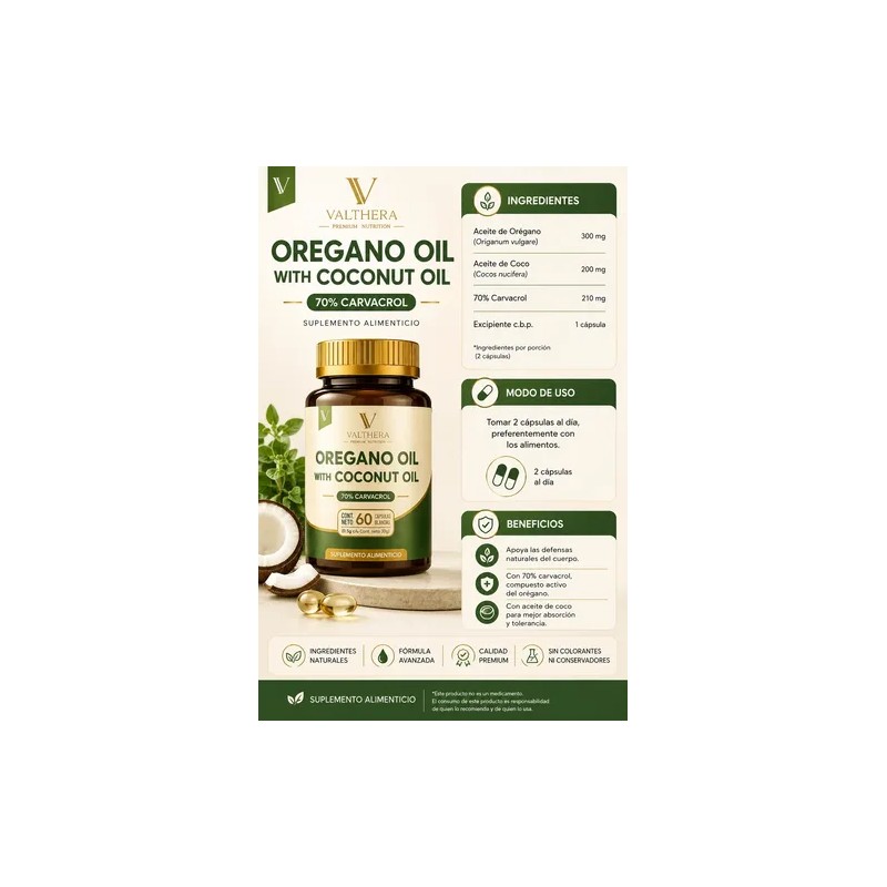 Aceite Orégano Aceite De Coco Cap 70 Carvacrol Valthera