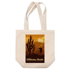 Lantern Press Saguaro National Park, Arizona, Wilderness Awaits, Vector Backpacker (100% Cotton Canvas Reusable Tote Bag)