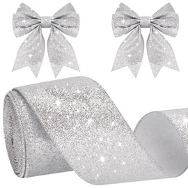 KINGLAKE 10 m Gift Ribbon with Wire Silver, Wire Ribbon Shiny 6 cm, Christmas Ribbon, Decorative Ribbon for Gift Packaging, Wreath, Crafts, Christmas and Wedding