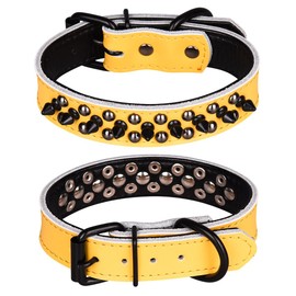 Pimaodog Spiked Studded Dog Collar, Genuine Leather Dog Collar, Adjustable Pet Collars for Small or Medium Pet (S, Yellow-1)