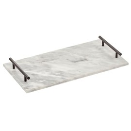 mDesign Thin Marble Pastry Board, Cutting Slab Kitchen Serving Tray with Deco Handles for Baking, Chopping, and Rolling - Serve Bread, Candy, Chocolate, Cheese, and Appetizers - Marble/Soft Brass