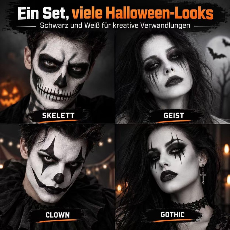 Halloween Make-Up Set Black White Theatre Makeup Sticks with Sponge