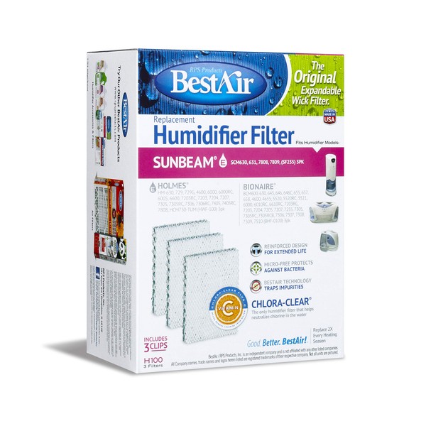 BestAir H100-PDQ-3 Extended Life Humidifier Replacement Paper Wick Humidifier Filter, For Holmes Models, 5.8" x 7.8" x 3.4", Single Pack (3 Filters)