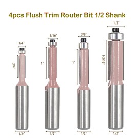 4Pcs Flush Trim Router Bit Set 1/2 Inch Shank, Top Bearing Template Flush Trim Router Bit, Straight Flush Cut Trim Bit, for Wood Edge Trimming, by SICWOOD