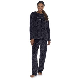 Thingimijigs Ladies Fleece Pyjamas Grey and Black Panther Print Soft Fluffy Flannel Fleece 2 Piece - UK 12-14